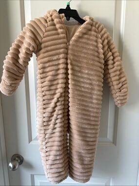 Plush Ribbed Hooded One-Piece in Beige for Kids